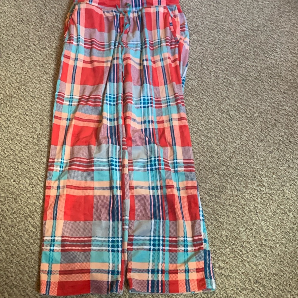 Pink and teal plaid pajama pants